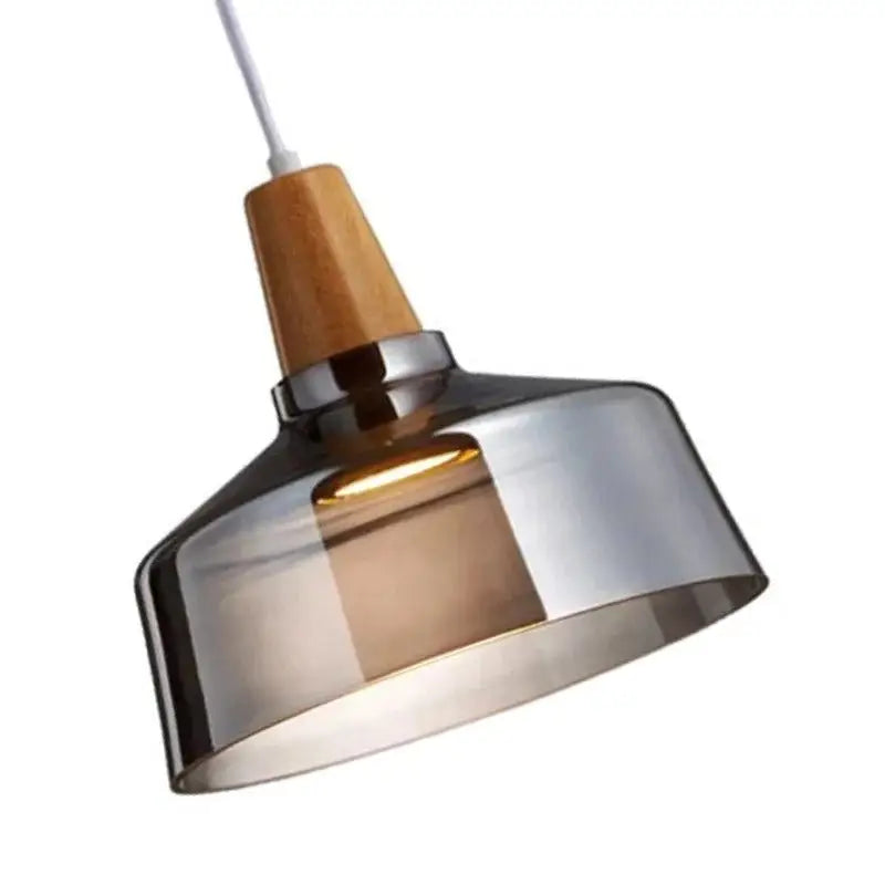DecorBites™ modern pendant glass light fixture with smoked glass shade, wooden top cap, and chrome accents