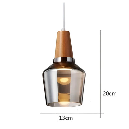 DecorBites™ modern nordic glass light fixture with warm amber glass shade wooden top cap and chrome accents pendant light
