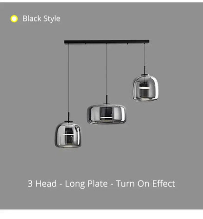 DecorBites™ modern black metal pendant lamp with three sleek nordic glass reflective globes for dining or restaurant use