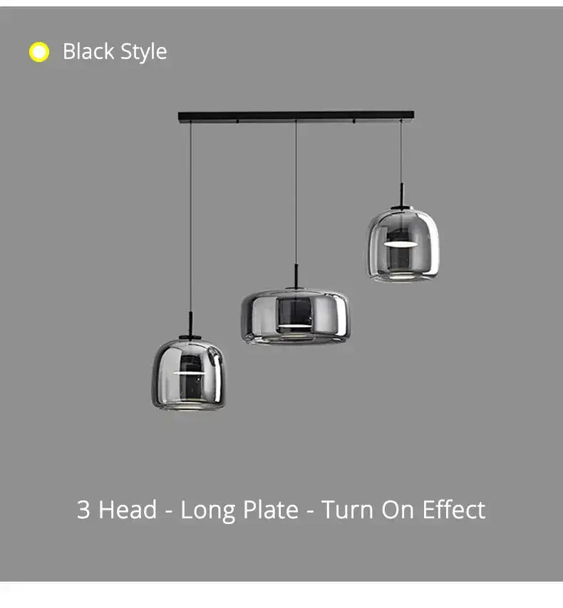 DecorBites™ modern black metal pendant lamp with three sleek nordic glass reflective globes for dining or restaurant use