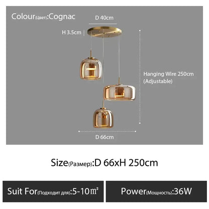Decorbites™ modern nordic glass pendant lamp with cognac glass shade brass ceiling mount and adjustable wire pendant lamp