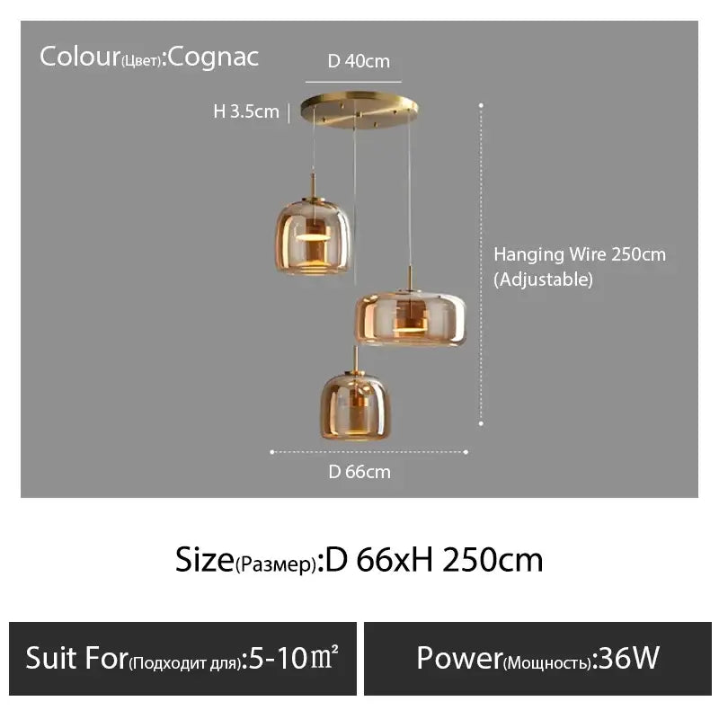 Decorbites™ modern nordic glass pendant lamp with cognac glass shade brass ceiling mount and adjustable wire pendant lamp