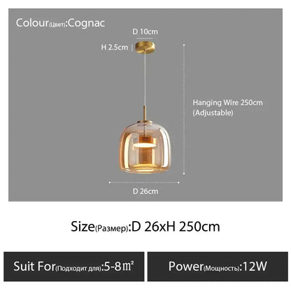 Decorbites™ modern nordic glass pendant lamp with cognac-colored glass, brass frame, and adjustable hanging wire pendant lamp