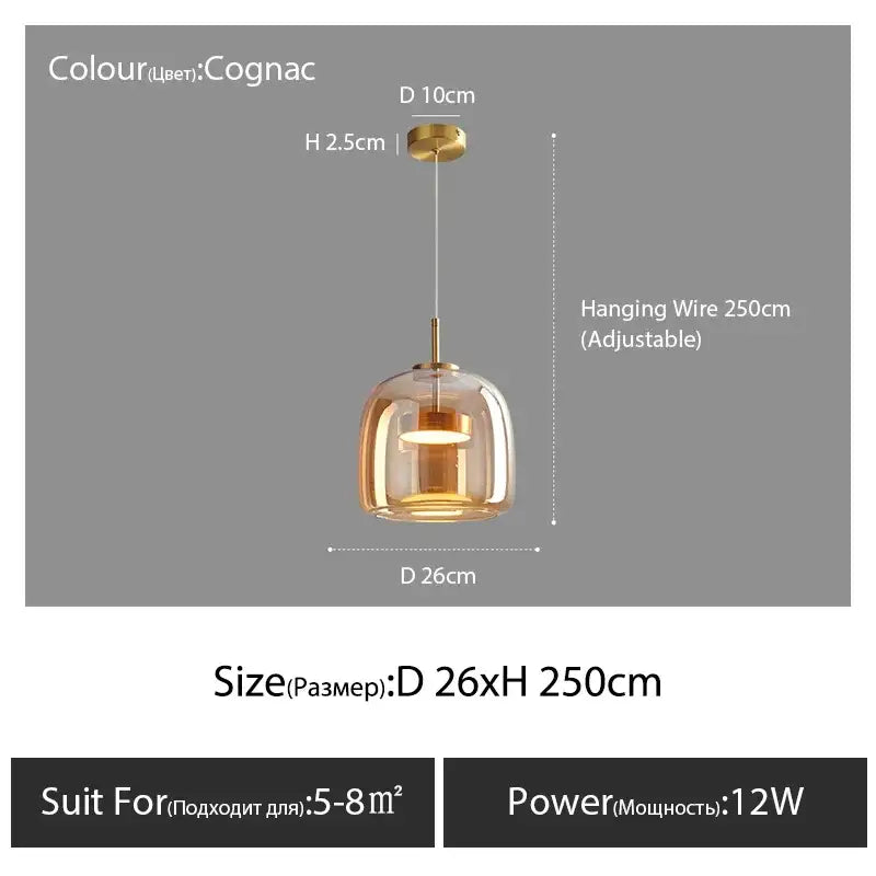 Decorbites™ modern nordic glass pendant lamp with cognac-colored glass, brass frame, and adjustable hanging wire pendant lamp