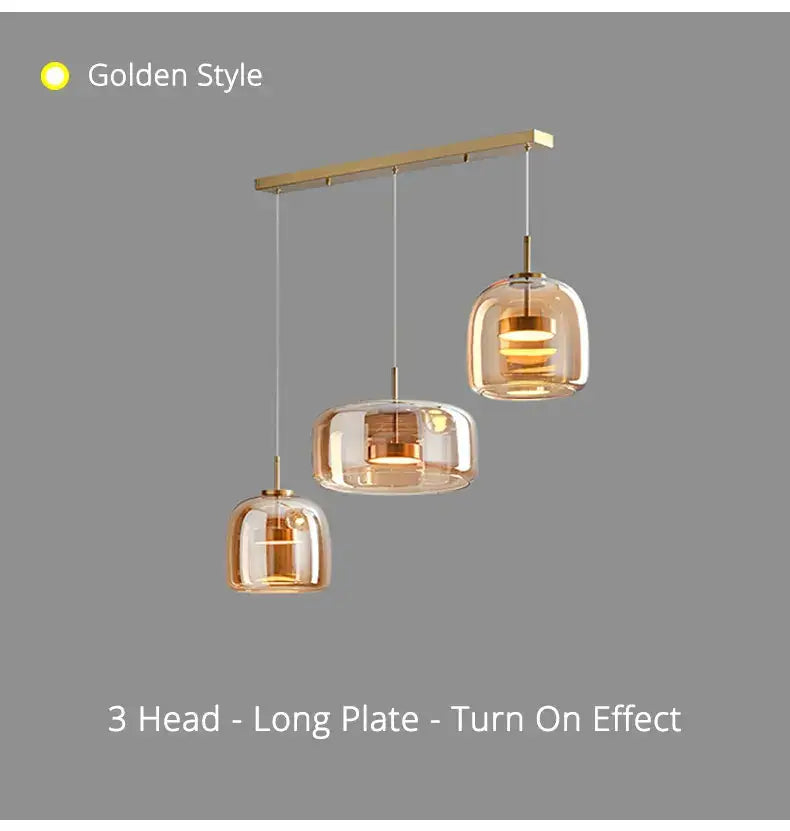 DecorBites modern nordic glass pendant lamp with three amber glass shades and brass-finished metal fixtures