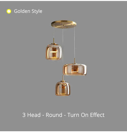 Decorbites modern nordic glass pendant lamp with three amber-tinted glass shades and brass ceiling mount pendant lamp