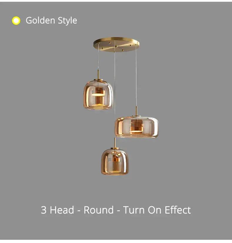 Decorbites modern nordic glass pendant lamp with three amber-tinted glass shades and brass ceiling mount pendant lamp