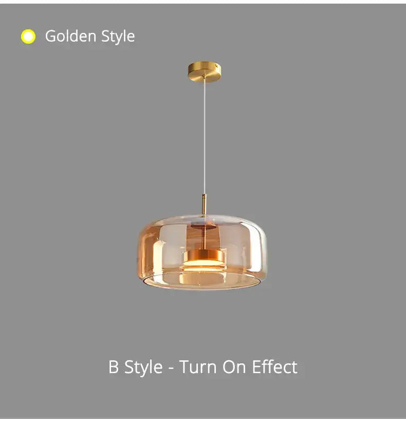 DecorBites modern pendant lamp with golden metal frame and amber nordic glass shade ideal as a glass restaurant pendant