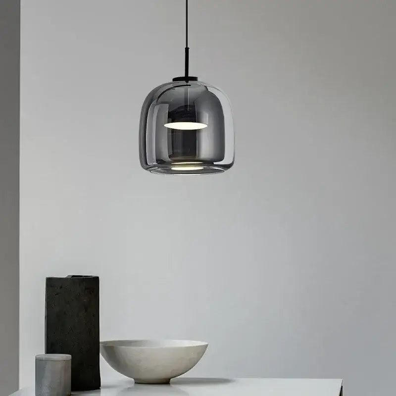 DecorBites modern nordic glass pendant lamp in dark gray with sleek dome shape and black metal hardware for dining