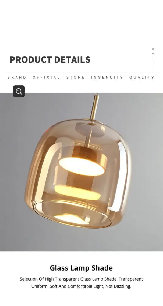 DecorBites modern nordic glass pendant lamp with a warm amber tinted transparent glass shade and smooth contours