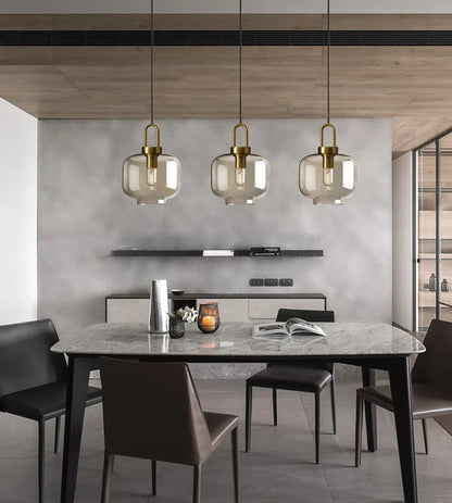 DecorBites™ modern nordic glass pendant light with brass metal frame and smoked glass shades for kitchen and restaurant