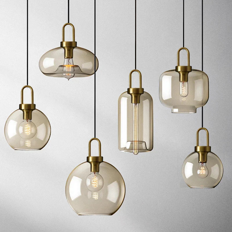 Set of six decorbites modern nordic glass pendant lights with smoked glass shades and brass hardware for kitchen use