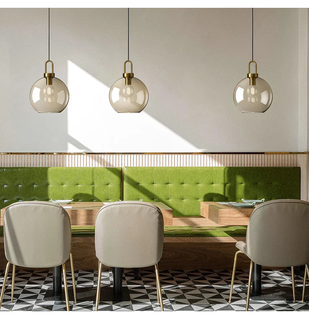 Decorbites™ modern nordic glass pendant light with spherical smoked glass shades and brass fixtures for kitchen use