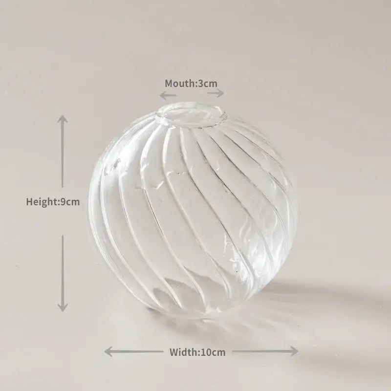 Clear glass spherical vase with vertical ribbed texture, 9cm tall 10cm wide from DecorBites™ Modern Nordic Glass Vases Set