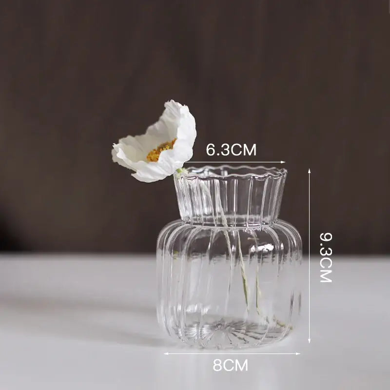 Clear glass DecorBites modern Nordic glass vase with fluted ribbed texture and scalloped rim for home and wedding decor