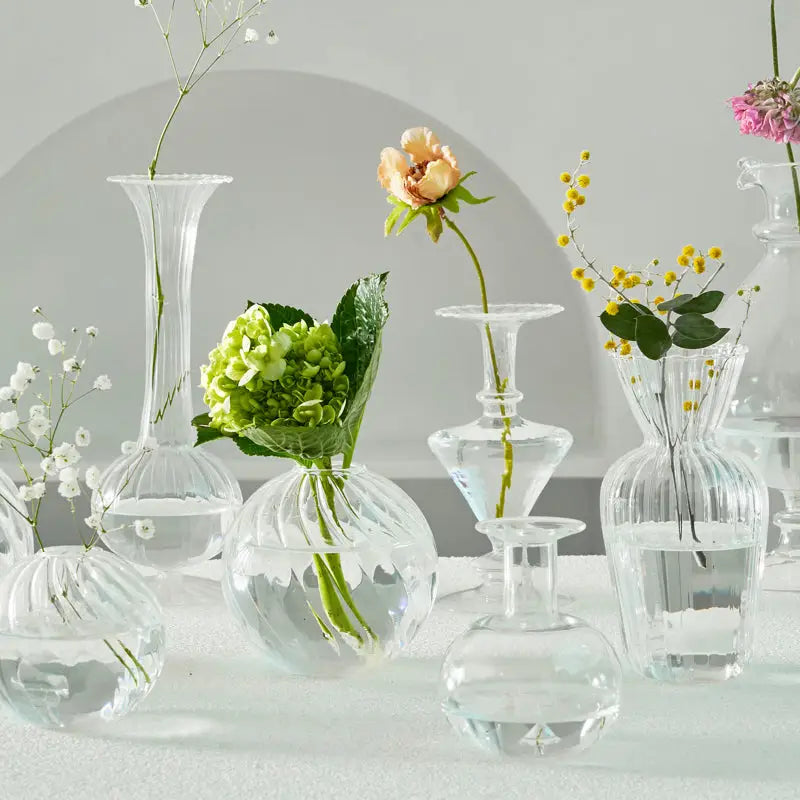 DecorBites™ modern Nordic glass vases set featuring clear ribbed and smooth designs to decorate root spaces at width 750px height