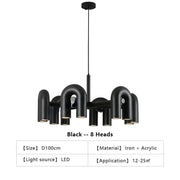 Decorbites modern nordic black led ceiling chandelier with eight curved iron and acrylic light heads for home use