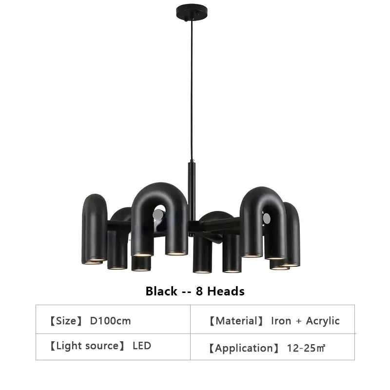 Decorbites modern nordic black led ceiling chandelier with eight curved iron and acrylic light heads for home use