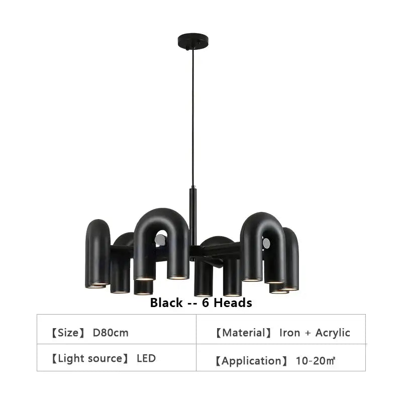 DecorBites™ modern nordic led ceiling chandelier with six curved iron and acrylic pipe-like arms in black