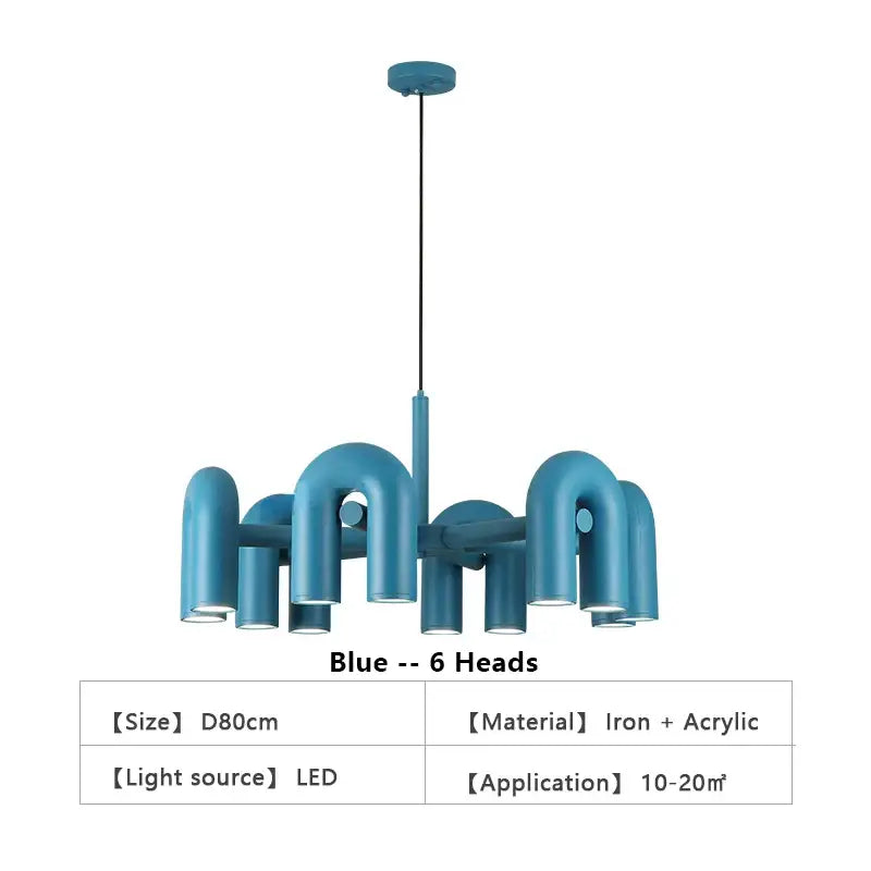 DecorBites™ modern nordic blue led ceiling chandelier with six curved iron and acrylic arms for home lighting