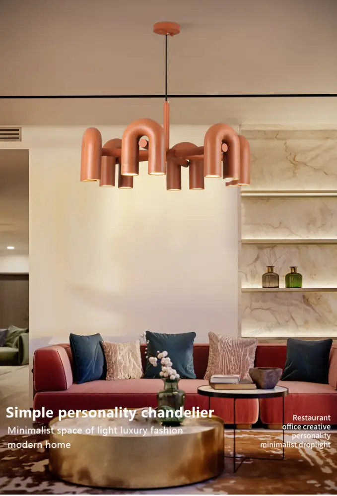 Copper-toned DecorBites™ modern Nordic led ceiling chandelier with curved tubular arms and central hanging fixture