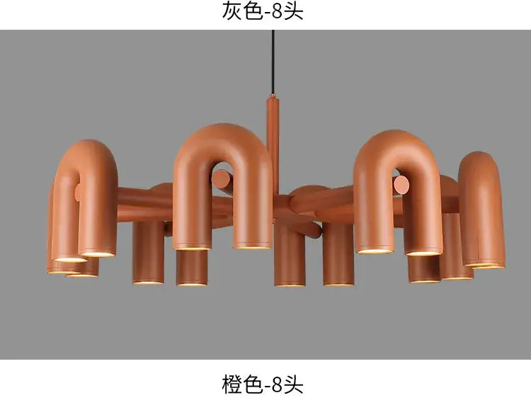 DecorBites™ modern nordic led ceiling chandelier with eight curved u-shaped arms in matte terracotta finish