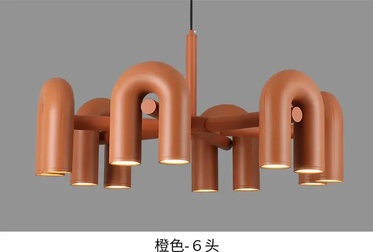 Decorbites modern nordic terracotta led ceiling chandelier with six curved arms and cylindrical light fixtures for home