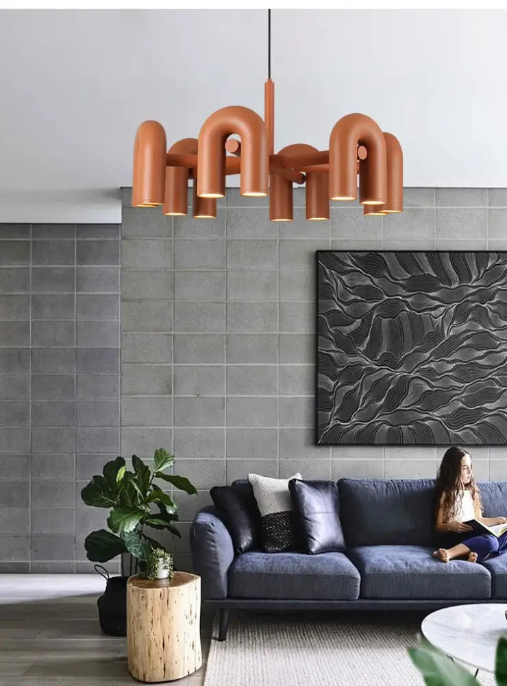 DecorBites™ modern nordic terracotta led ceiling chandelier with curved tubular arms and minimalist design for home use
