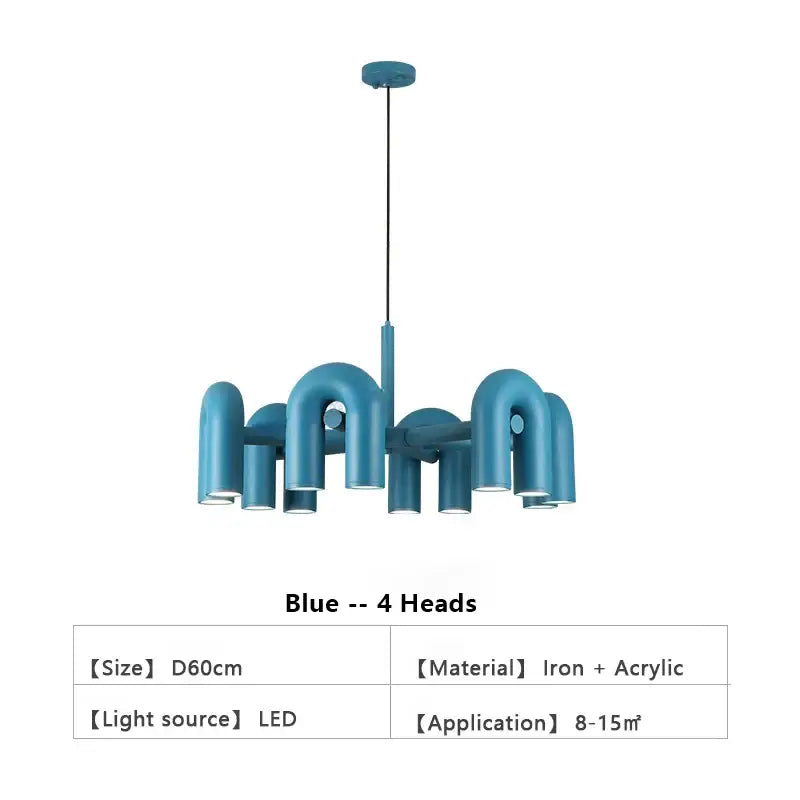 DecorBites modern blue led ceiling chandelier with four curved iron and acrylic pipe-like arms for stylish lighting