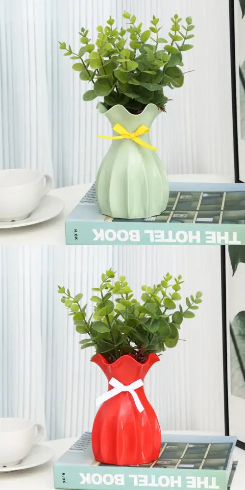 DecorBites™ modern nordic mint green ceramic flower vase home with fluted rim and yellow ribbon bow for home decor