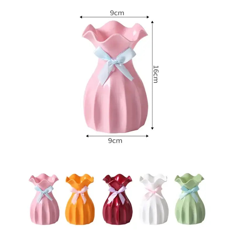 Pink ceramic DecorBites™ modern Nordic mini flower vase home with ruffled top and light blue satin ribbon bow
