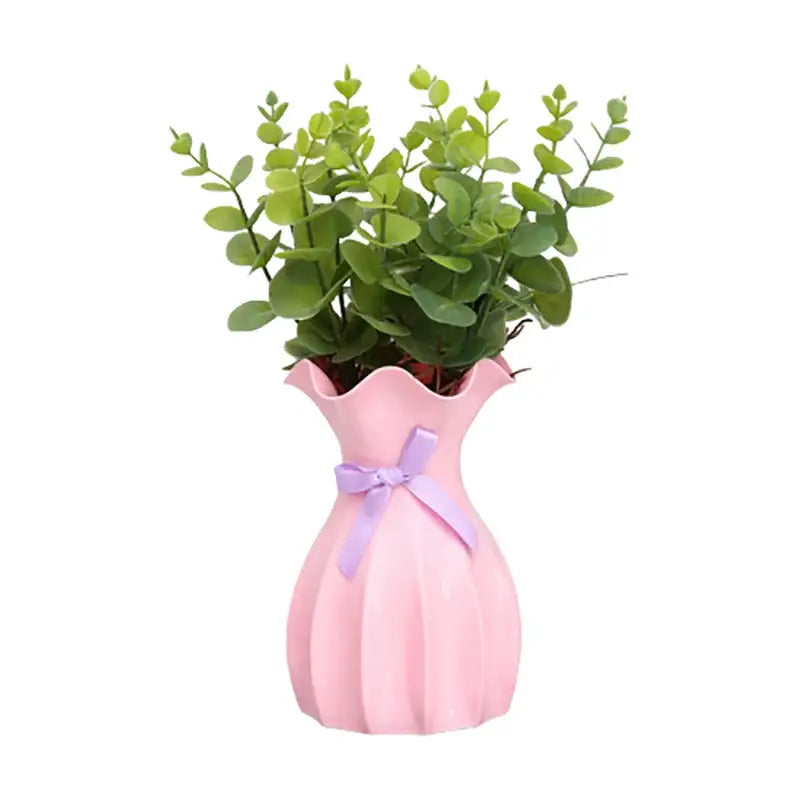 Decorbites™ modern nordic pink ceramic flower vase home with fluted sides and eucalyptus foliage