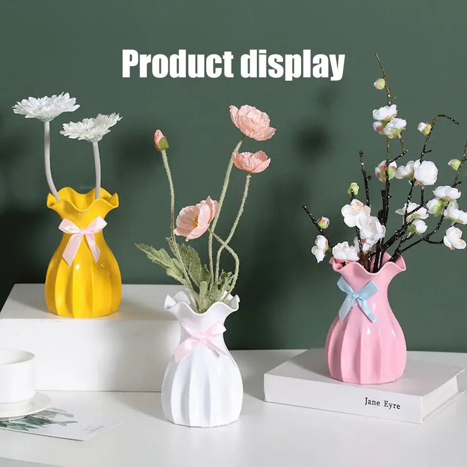 DecorBites™ modern nordic mini ceramic flower vase home set with yellow white and pink ruffled neck vases with ribbon bows