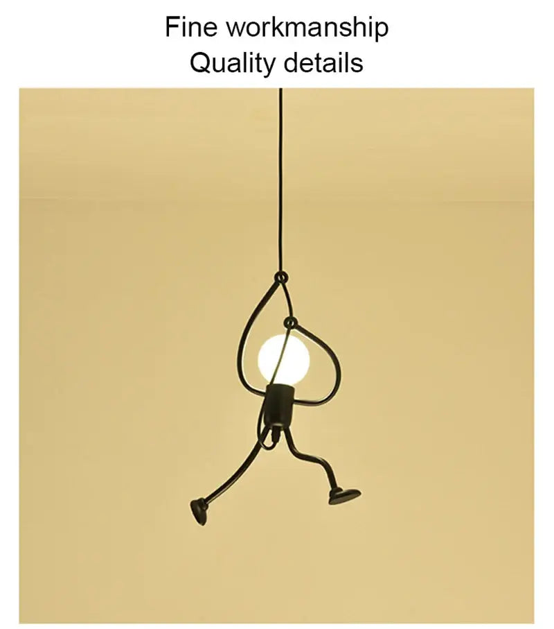 Black metal nordic pendant light shaped like a climbing figure with an exposed bulb for modern home decor