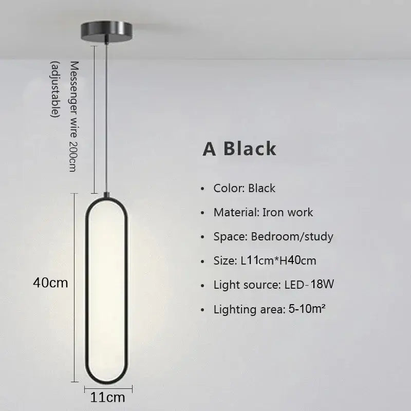 Black ironwork nordic pendant light with sleek elongated oval design and led lighting for modern home decoration