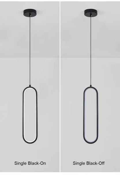 Black minimalist DecorBites™ modern nordic pendant light with sleek oval frame and LED strip illumination for home decoration