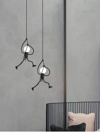 Black metal playful stick figure pendant light with glowing bulbs decorbites™ modern nordic pendant light for home decoration