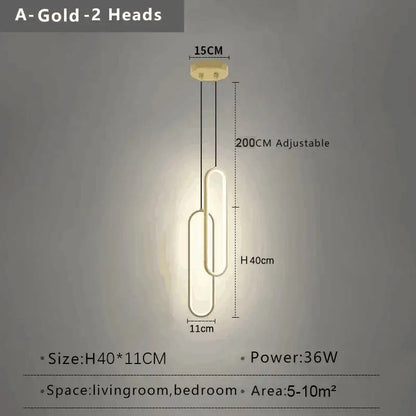 Gold-colored modern nordic pendant light with two overlapping oval led bulbs suspended from a circular ceiling mount