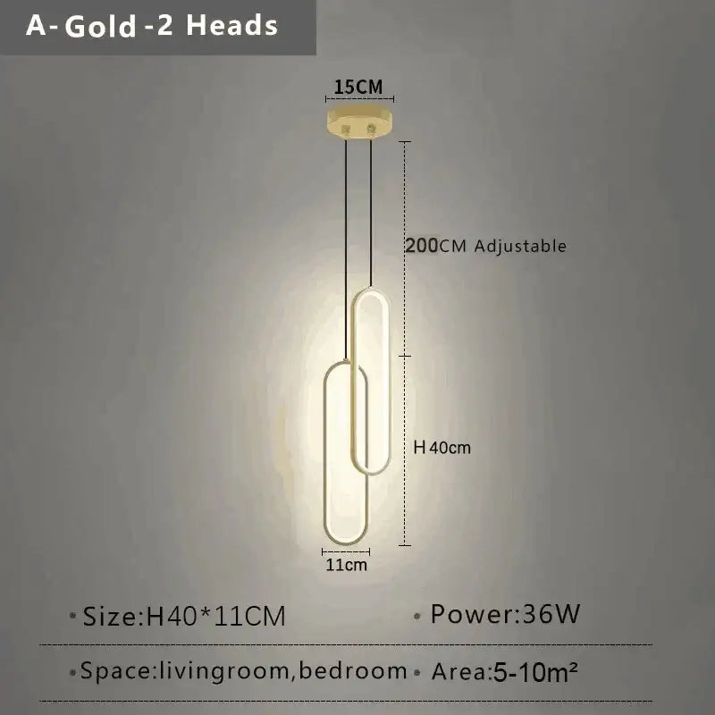 Gold-colored modern nordic pendant light with two overlapping oval led bulbs suspended from a circular ceiling mount