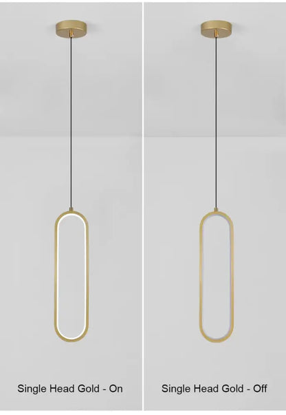 Gold-finished decorbites™ modern nordic pendant light with elongated oval frame and integrated led lighting for home decor
