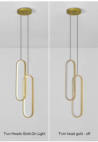 Decorbites modern nordic pendant light gold finished twin-head with sleek interlocking oval frames and black cords
