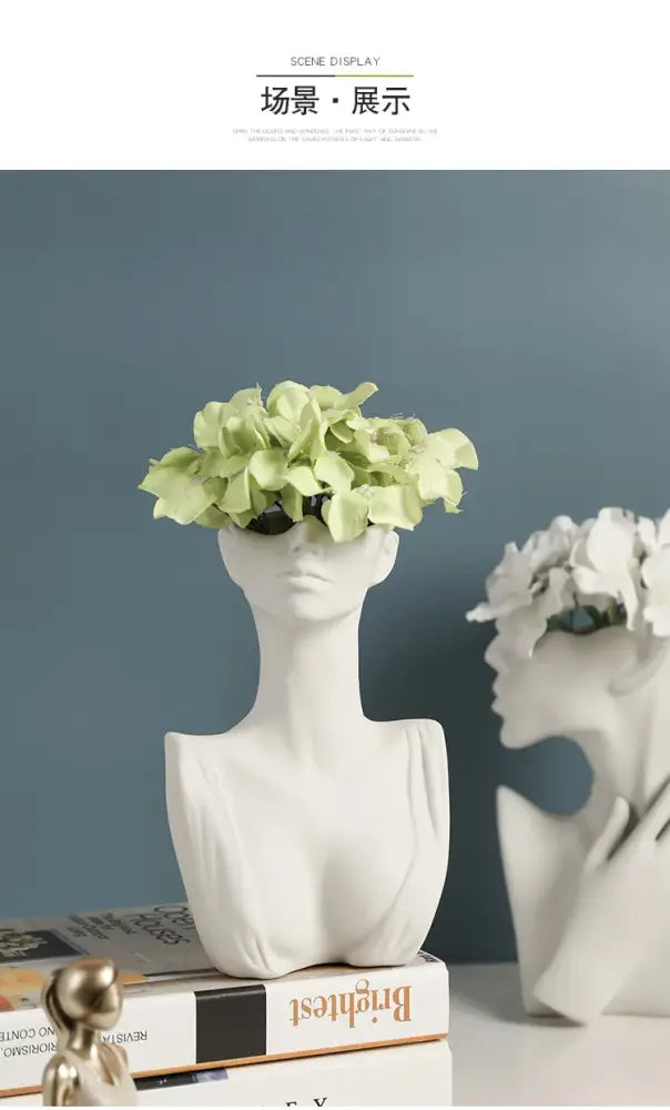 DecorBites™ modern nordic style ceramic body vase in white with sculpted shoulders and light green hydrangea flowers