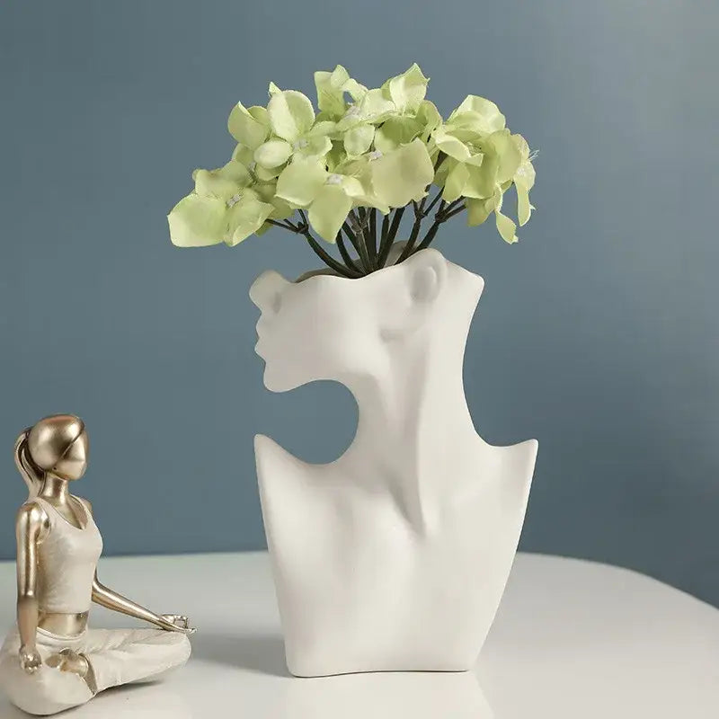 Decorbites™ modern nordic style ceramic body vase white with open neck holding light green hydrangea flowers