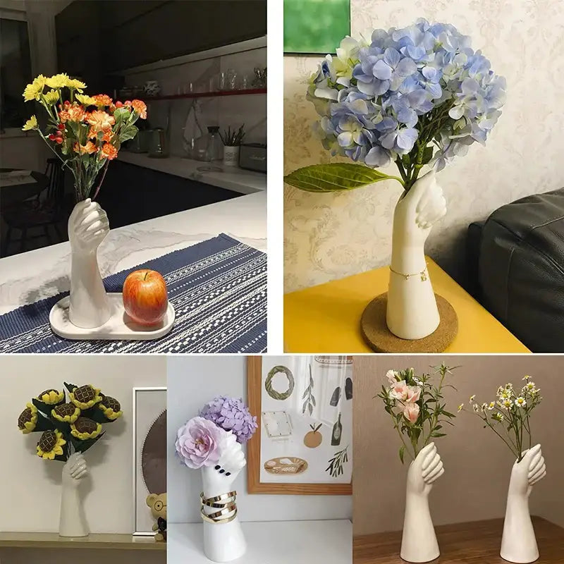 White ceramic hand vase by decorbites modern nordic style designed to hold flowers with a unique hand shape