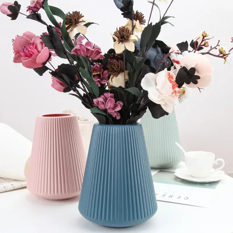 Blue ribbed ceramic DecorBites™ modern nordic vase with artificial flowers for creative vase home decor