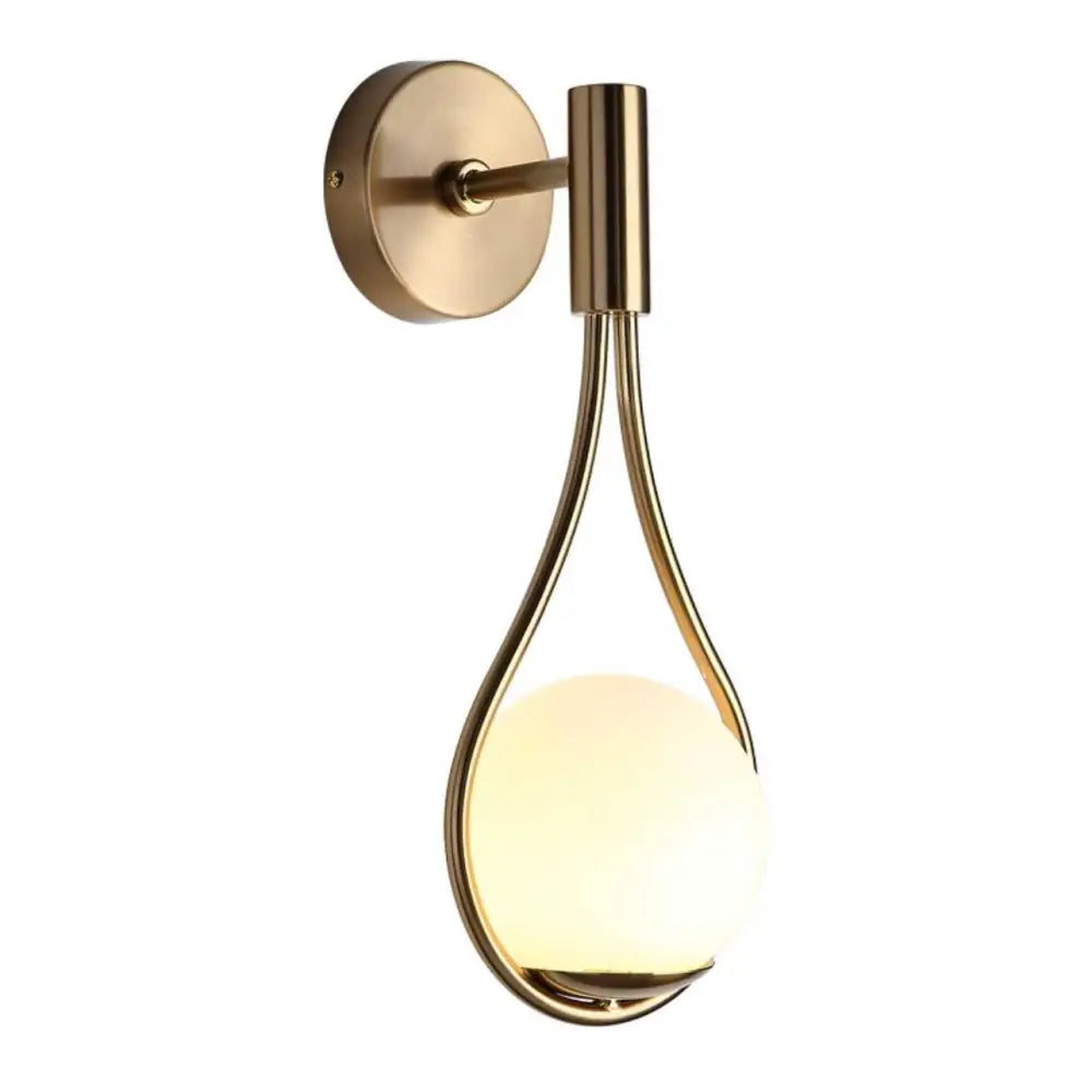 Brass-finished DecorBites modern Nordic livi wall lamp with teardrop metal frame and illuminated frosted glass globe