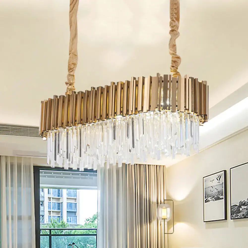 Gold-toned DecorBites™ modern oblong island pendant lamp with crystal rods and twisted rope suspension in clear prisms