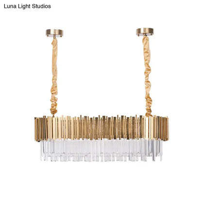 Gold-toned decorbites modern oblong island pendant lamp with crystal rods and twisted fabric cords in post-modern oblong island style