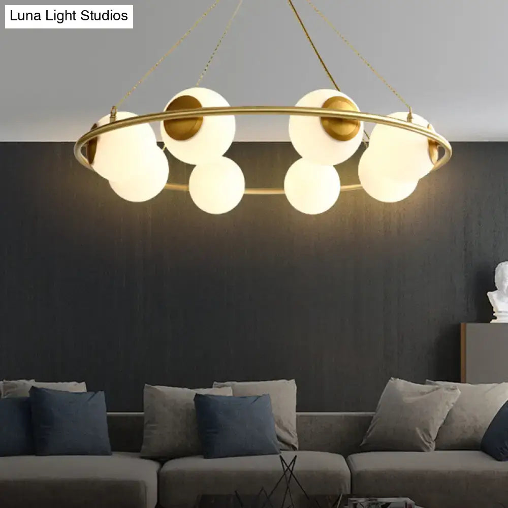 DecorBites modern opal glass ball chandelier with frosted glass spheres brass lighting fixture in elegant ring design