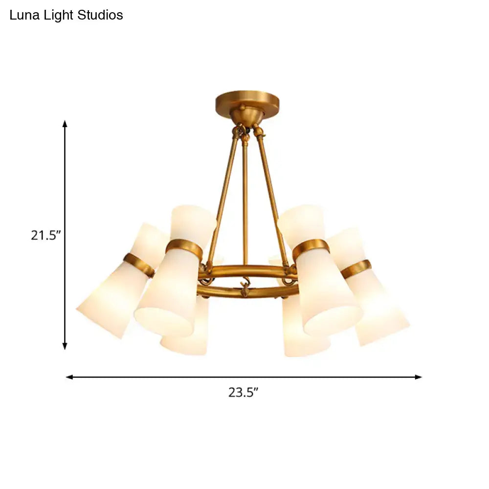 Gold-toned decorbites modern opal glass wide flare pendant chandelier with eight frosted shades and circular frame